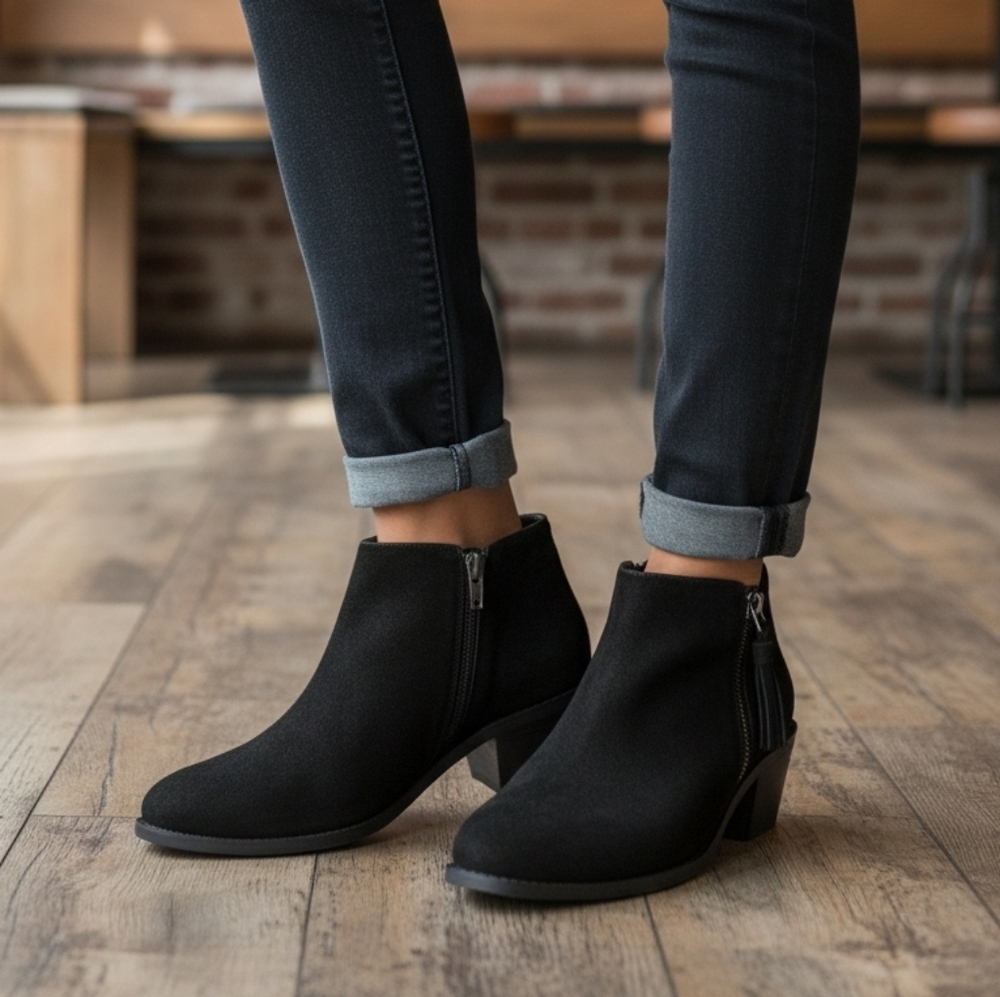 VIONIC Women's Joy Serena Black Suede Ankle Boots Side Zip Arch Support 7